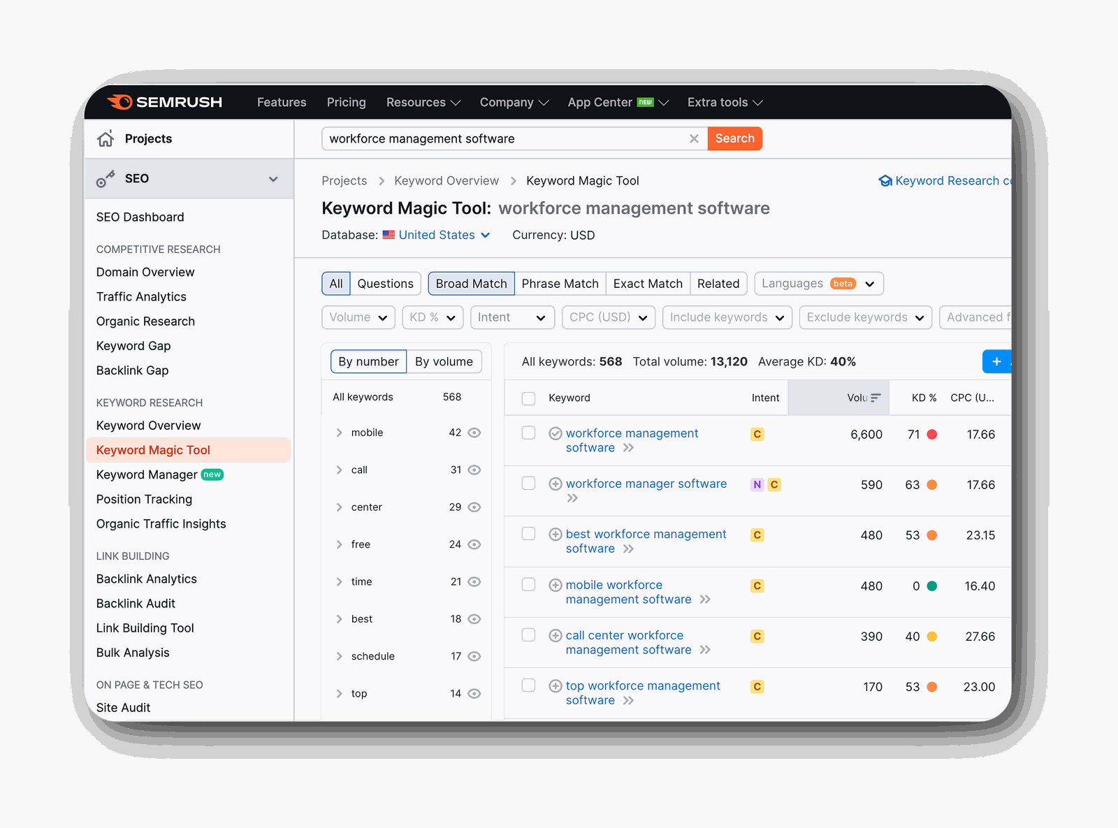 SEMrush’s Keyword Magic Tool helps you find all the related terms to your key topics and gather them in a list. It also